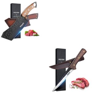 huusk japan knife for meat cutting forged meat cleaver knife with sheath bundle with hand forged deboning knife with sheath