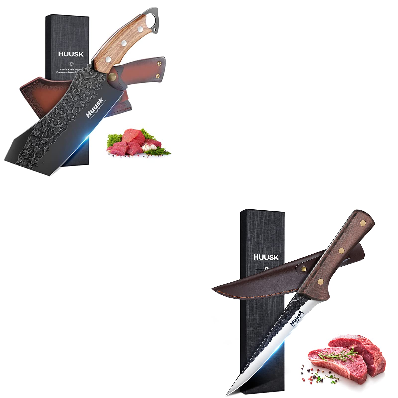 Huusk Japan Knife for Meat Cutting Forged Meat Cleaver Knife with Sheath Bundle with Hand Forged Deboning Knife with Sheath