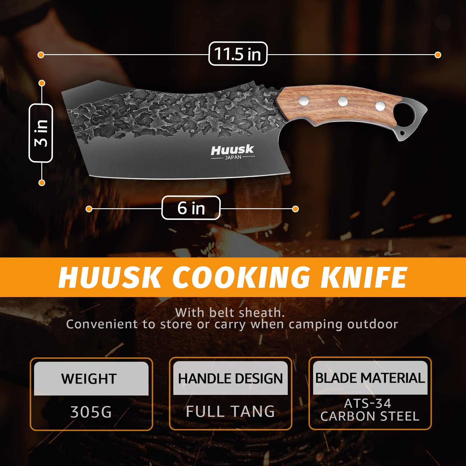 Huusk Japan Knife for Meat Cutting Forged Meat Cleaver Knife with Sheath Bundle with Hand Forged Deboning Knife with Sheath