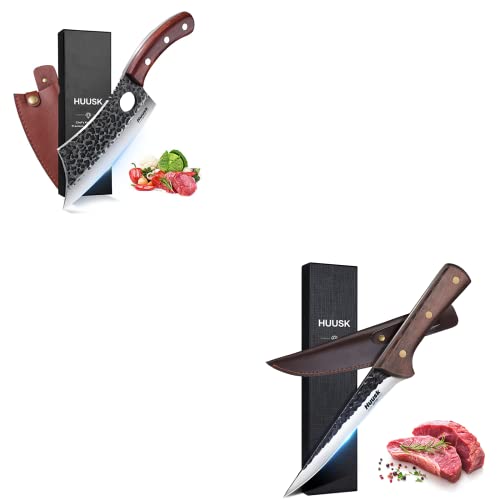 Huusk Viking Knife with Sheath Meat Cleaver Knife Bundle with Sharp Fillet Knives for Meat, Fish, Poultry