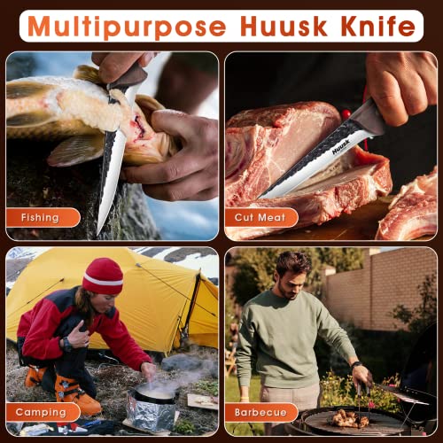 Huusk Viking Knife with Sheath Meat Cleaver Knife Bundle with Sharp Fillet Knives for Meat, Fish, Poultry