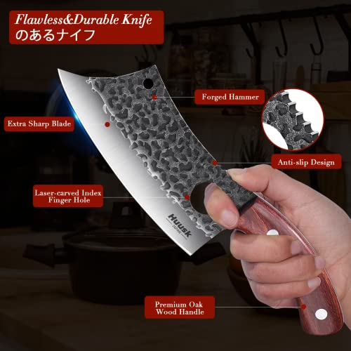 Huusk Viking Knife with Sheath Meat Cleaver Knife Bundle with Sharp Fillet Knives for Meat, Fish, Poultry