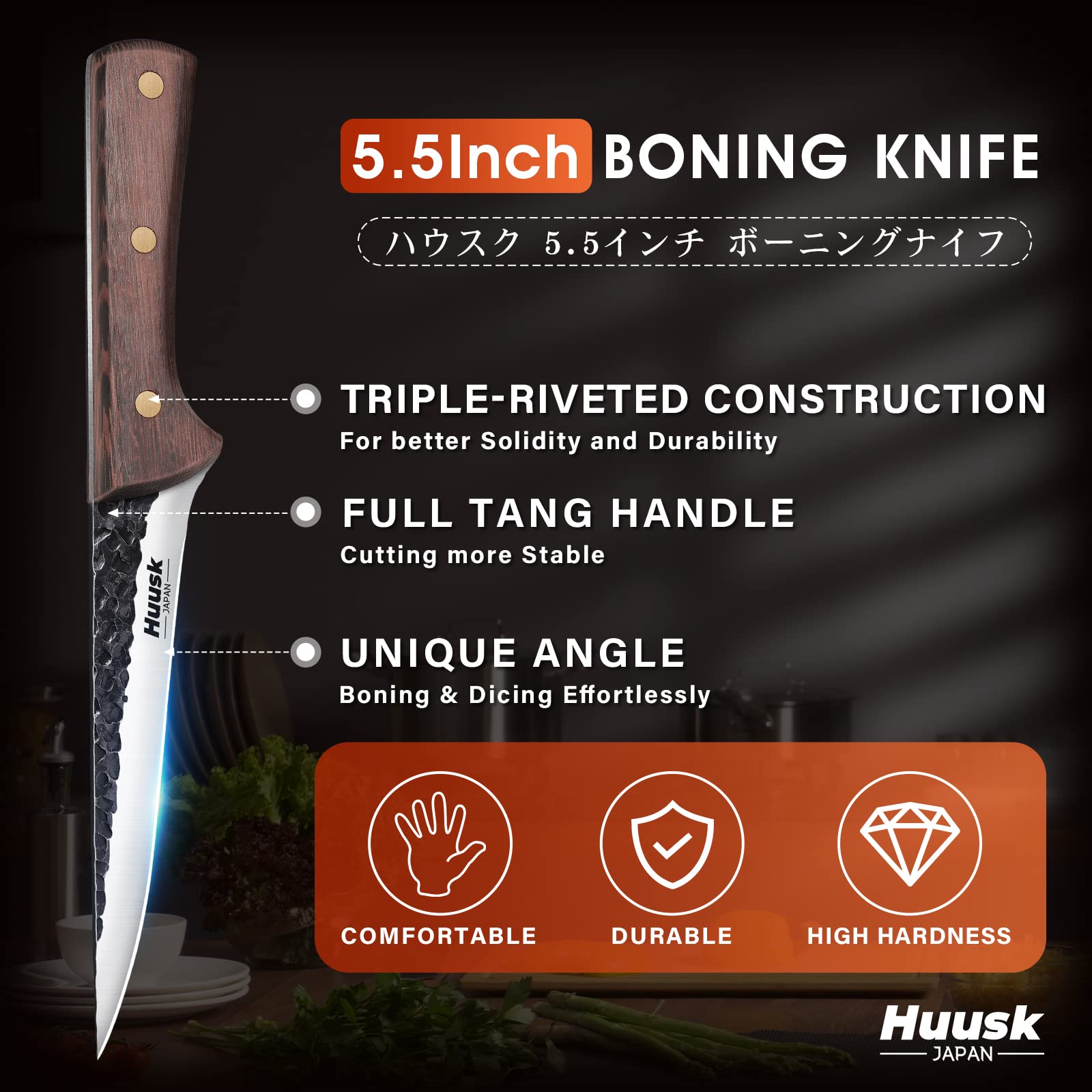 Huusk Small Meat Knife with Bottle Opener Bundle with Hand Forged Deboning Knife with Sheath