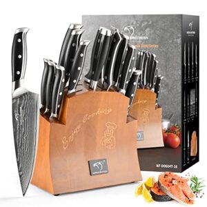 damascus knife set with block for kitchen, vg10 steel and triple rivet handle, included serrated steak knife set of 6, meat fork, chef knife set, knife sharpener,kitchen scissor, knife block