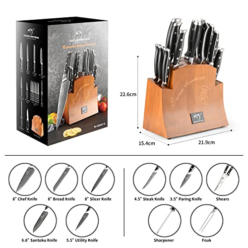 Damascus Knife Set with Block for Kitchen, VG10 Steel and Triple Rivet Handle, Included Serrated Steak Knife Set of 6, Meat Fork, Chef Knife Set, Knife Sharpener,Kitchen Scissor, Knife Block