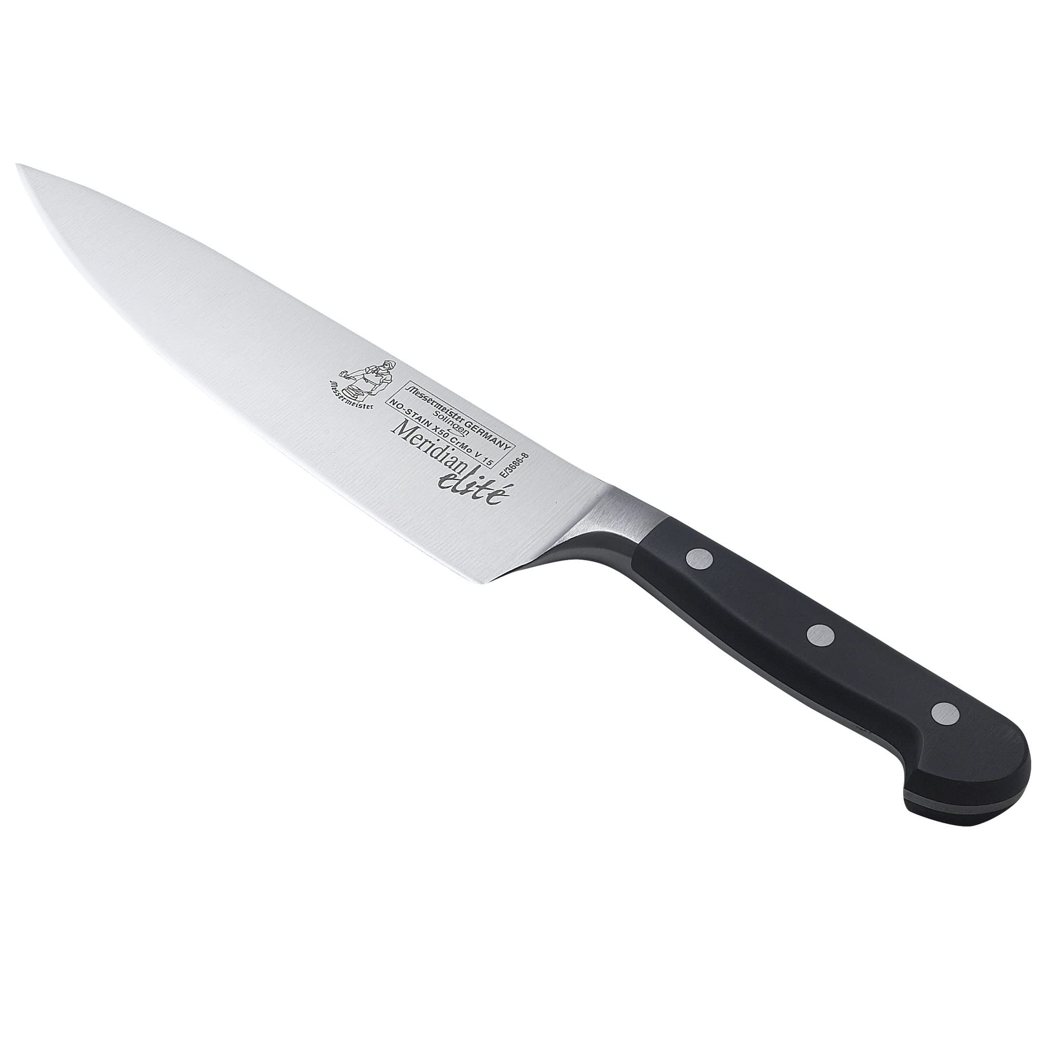 Messermeister Meridian Elite 8” Traditional Chef’s Knife - Fine German Steel Alloy Blade - Rust Resistant & Easy to Maintain