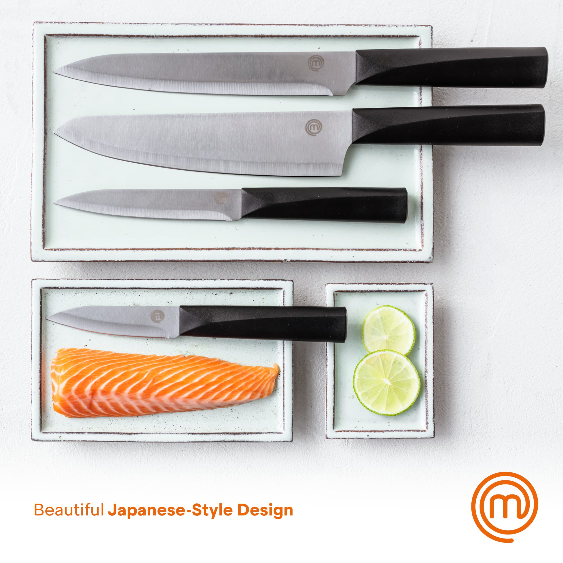 MasterChef Japanese Knife Set of 6 Kitchen Knives (Chef, Utility, Paring, Boning, Bread & Santoku) with Extra Sharp Stainless Steel Blades for Professional Cutting & Chopping, Stylish Black Handles