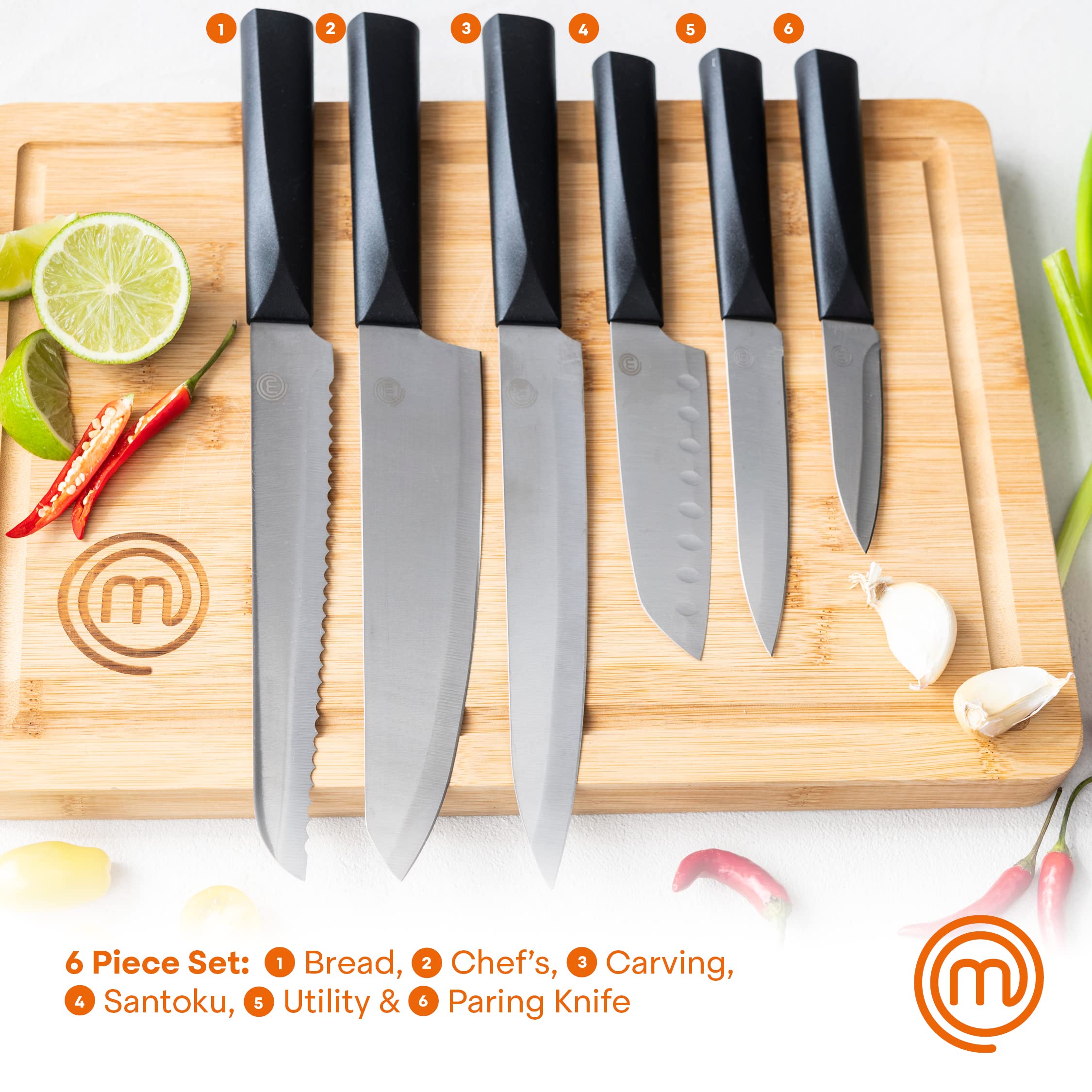 MasterChef Japanese Knife Set of 6 Kitchen Knives (Chef, Utility, Paring, Boning, Bread & Santoku) with Extra Sharp Stainless Steel Blades for Professional Cutting & Chopping, Stylish Black Handles
