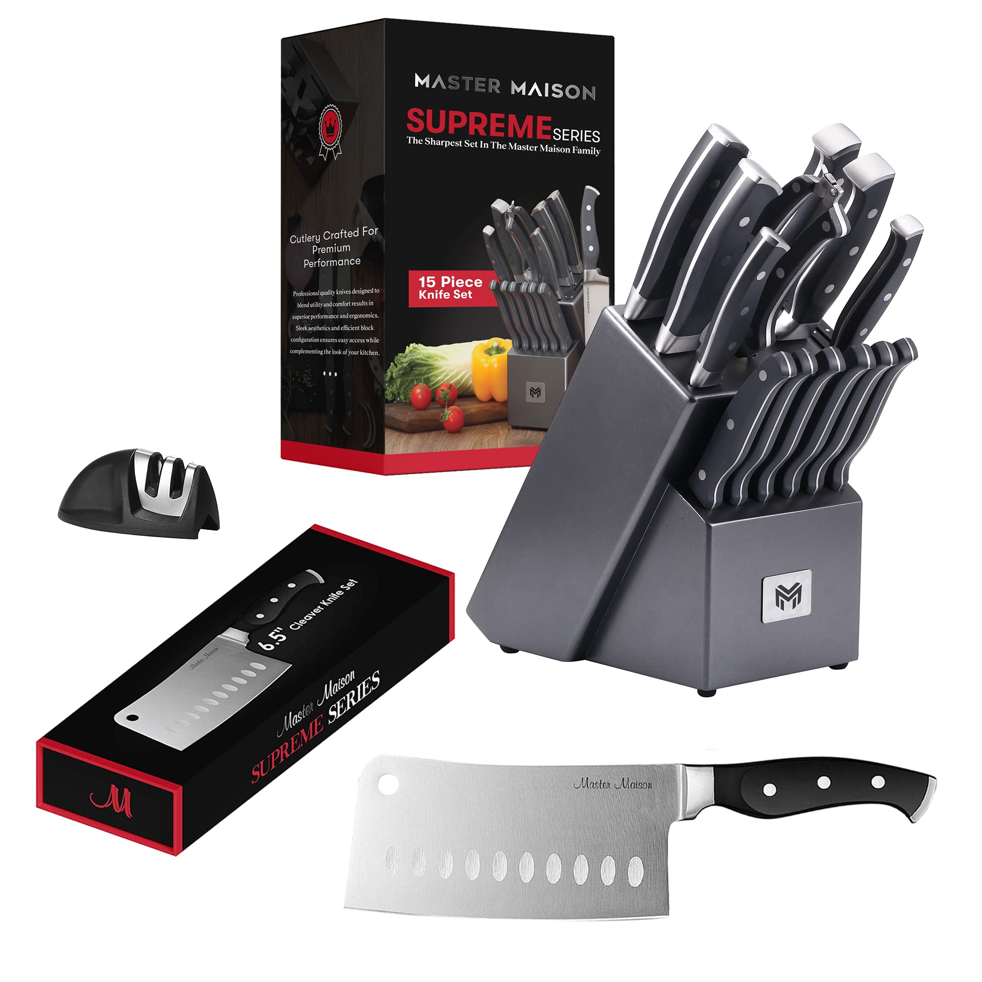 Master Maison Gray Kitchen Knife Set With Knife Block & Bonus Cleaver | German Stainless Steel Knives With Knife Sharpener & 6 Steak Knives | Professional Butcher Block Knife Sets For Kitchen