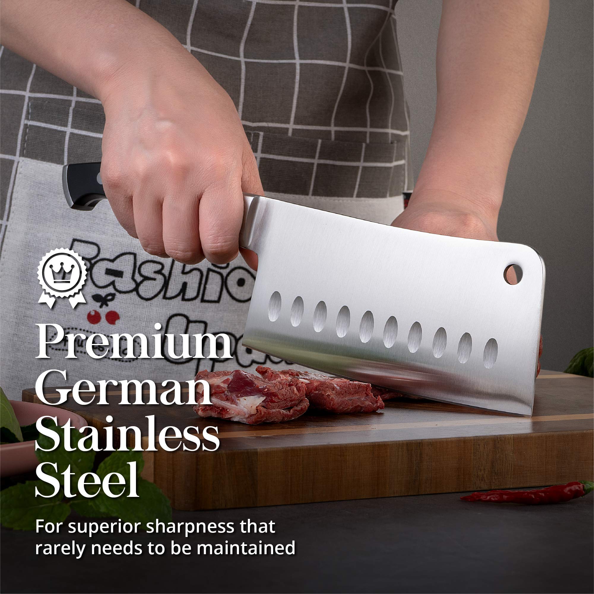 Master Maison Gray Kitchen Knife Set With Knife Block & Bonus Cleaver | German Stainless Steel Knives With Knife Sharpener & 6 Steak Knives | Professional Butcher Block Knife Sets For Kitchen