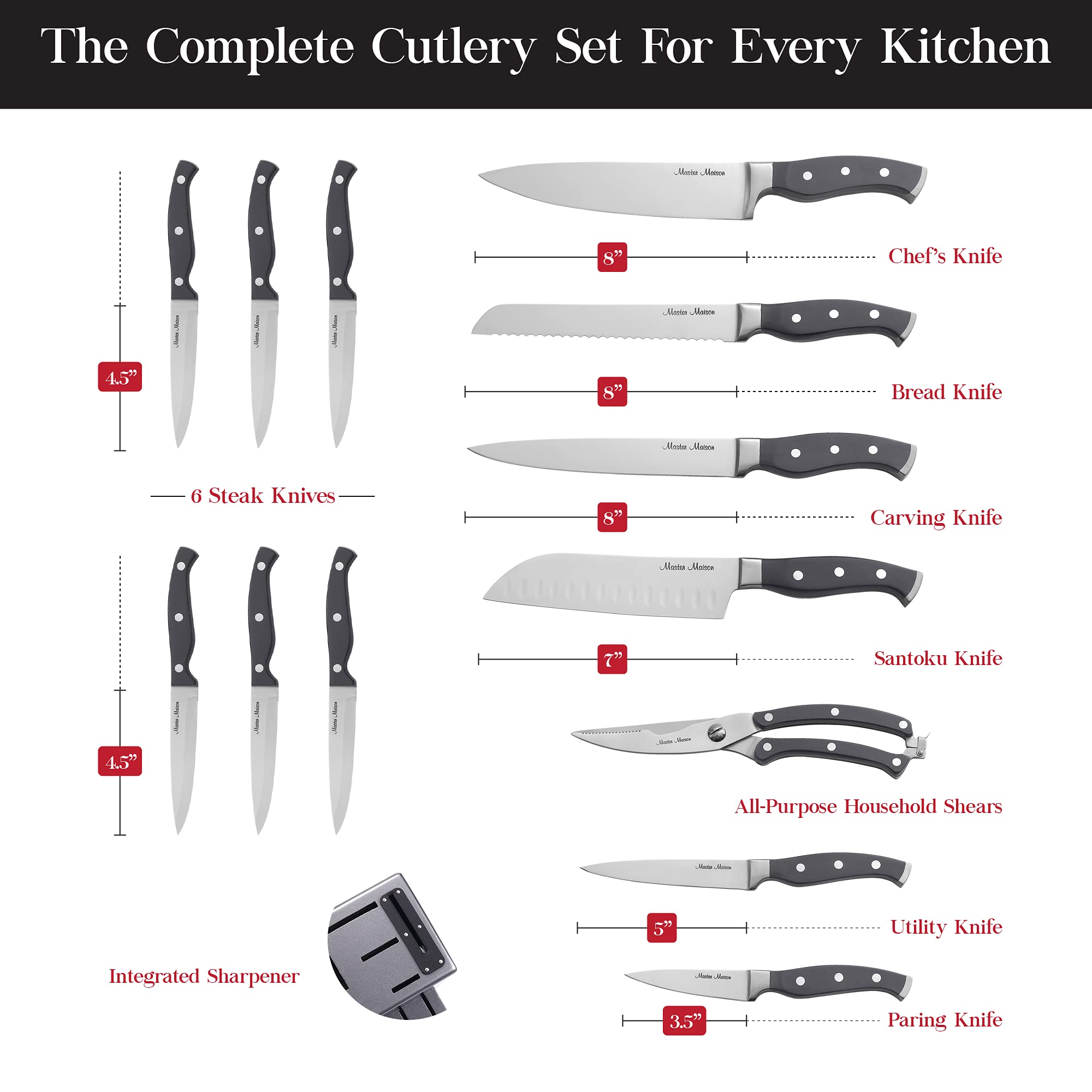 Master Maison Gray Kitchen Knife Set With Knife Block & Bonus Cleaver | German Stainless Steel Knives With Knife Sharpener & 6 Steak Knives | Professional Butcher Block Knife Sets For Kitchen