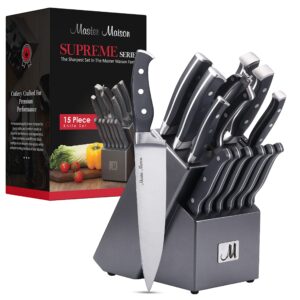 Master Maison Gray Kitchen Knife Set With Knife Block & Bonus Cleaver | German Stainless Steel Knives With Knife Sharpener & 6 Steak Knives | Professional Butcher Block Knife Sets For Kitchen