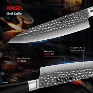 AMSZL Damascus Chef Knife 8-inch Japanese VG10 Stainless Steel Sharp Professional Kitchen knife, Hammered Forged, Ergonomic Ebony Handle, with GiftBox