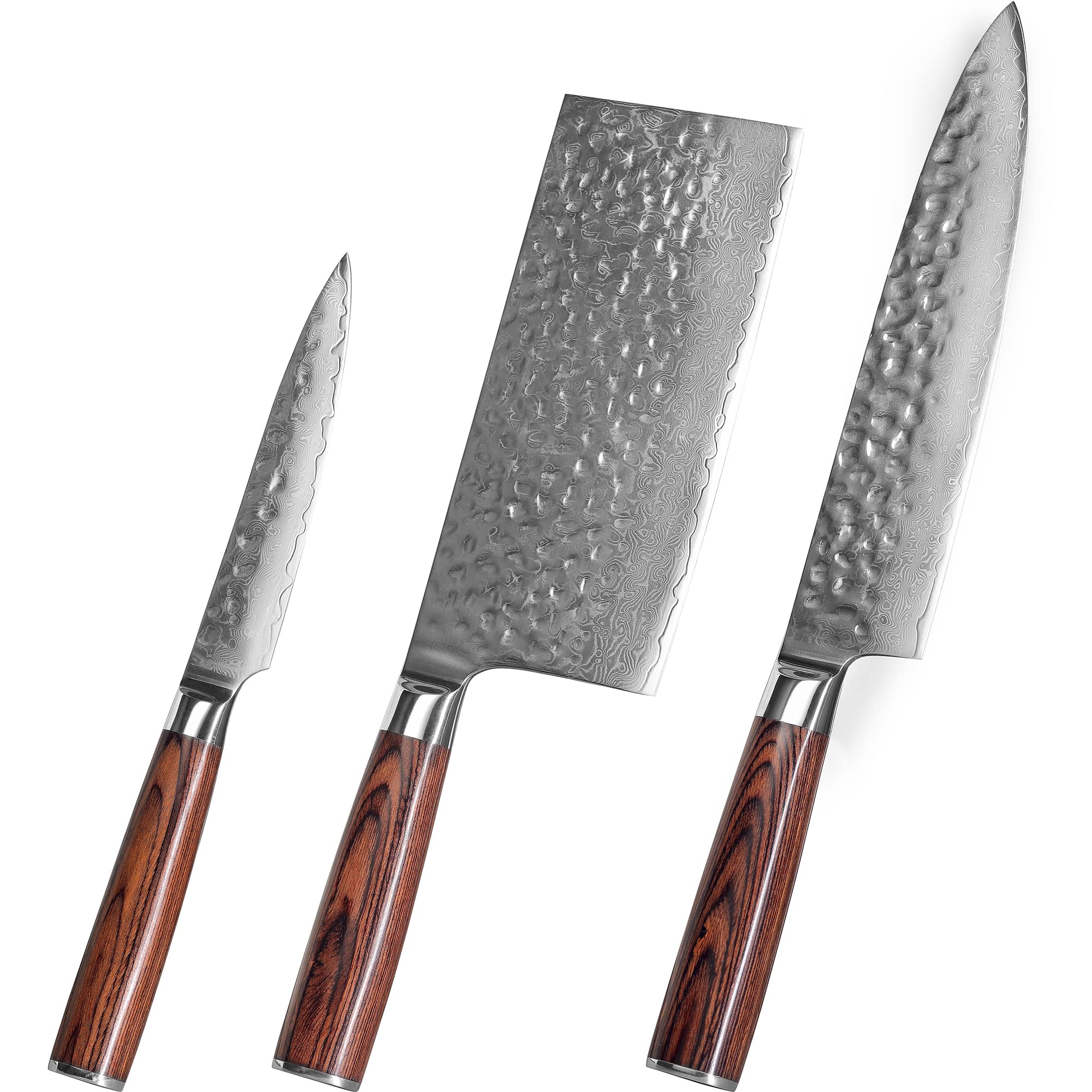 3 Piece Damascus Kitchen Knife Set - including Chef's Knife, Cleaver and Paring Knife