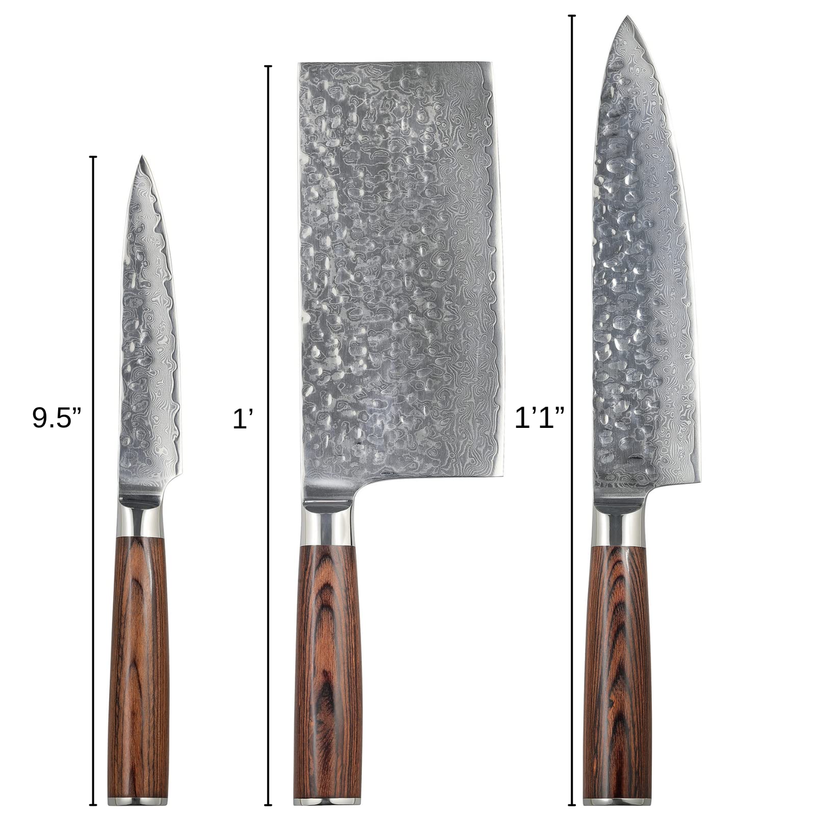 3 Piece Damascus Kitchen Knife Set - including Chef's Knife, Cleaver and Paring Knife