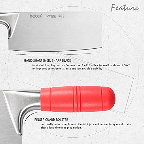 hecef Cleaver Knife 8 Inch, Chinese Chef Knife, German Stainless Steel Slicer Cleaver, Vegetable Meat Cutting Knife for Home & Restaurant, Red