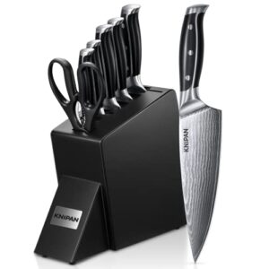 knipan knife set with block, damascus steel kitchen knives 7 piece, ultra sharp aus-10 japanese steel knife block sets with full tang handle, black