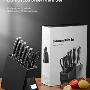 Knipan Knife Set with Block, Damascus Steel Kitchen Knives 7 Piece, Ultra Sharp AUS-10 Japanese Steel Knife Block Sets with Full Tang Handle, Black