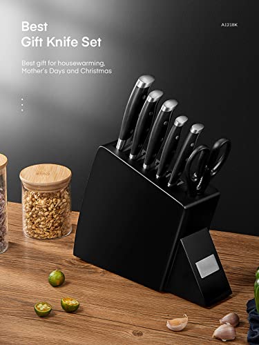 Knipan Knife Set with Block, Damascus Steel Kitchen Knives 7 Piece, Ultra Sharp AUS-10 Japanese Steel Knife Block Sets with Full Tang Handle, Black