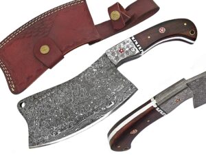 sapra damascus steel 10.75” inches meat cleaver chef butcher vegetable frozen boning cleaver knife heavy duty sharp edge full tang meat cleaver bone copper with genuine leather sheath