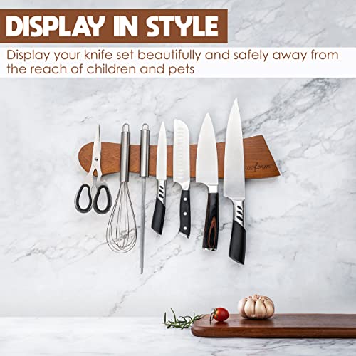 Magnetic knife holder for wall no drill - 16" Wooden knife magnetic strip no drilling option w/adhesive backing & drilling hardware | Magnetic knife strip | kitchen knife organizer rack -Dark Brown