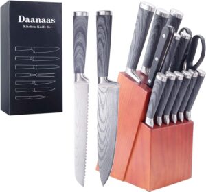 daanaas knife set with wooden block and sharpener 16 pieces,kitchen knives sets full stainless steel,professional chef knife sets with steak knives knofe set (grey)