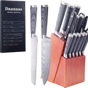 Daanaas Knife Set with Wooden Block and Sharpener 16 Pieces,Kitchen Knives Sets Full Stainless Steel,Professional Chef Knife Sets with Steak Knives Knofe Set (grey)