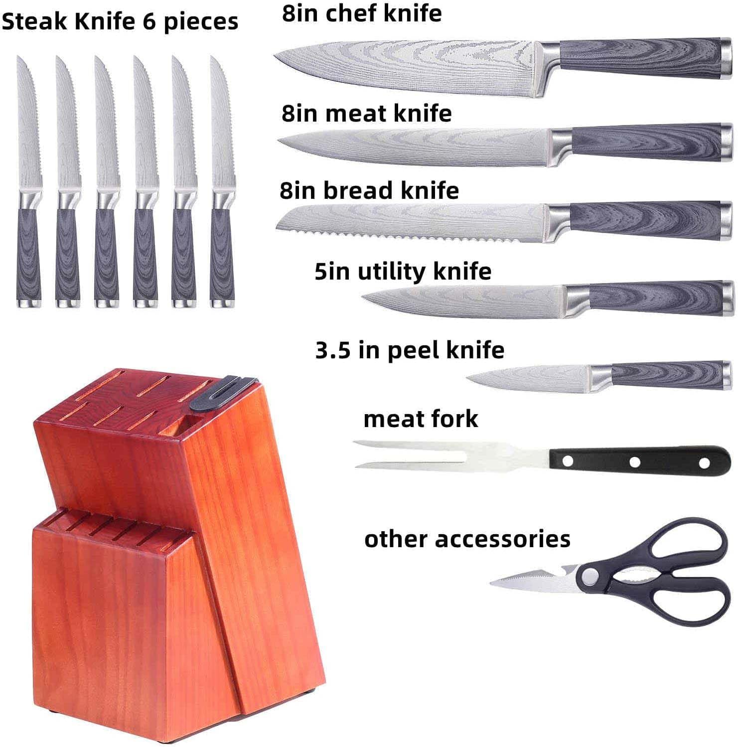 Daanaas Knife Set with Wooden Block and Sharpener 16 Pieces,Kitchen Knives Sets Full Stainless Steel,Professional Chef Knife Sets with Steak Knives Knofe Set (grey)