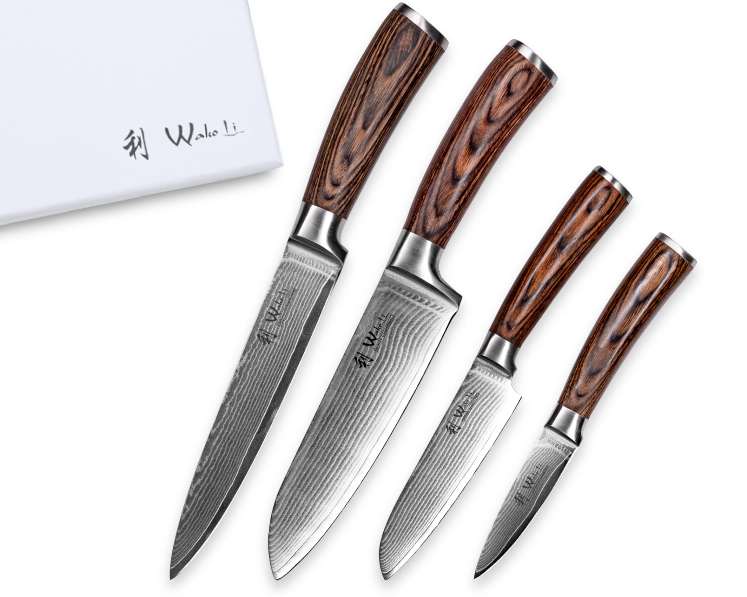 Wakoli EDIB 4-pcs Damascus Knife Set I Professional Kitchen Knives made of Japanese Damascus Steel VG10 Chef Knife Set with Pakka Wood Handle in Gift Box