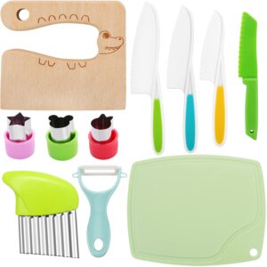 mikimiqi 11 pcs kids kitchen knife set, wooden kids knife safe knives for real cooking serrated edges children cooking utensils tools plastic knife for toddlers with potato slicers cutting board