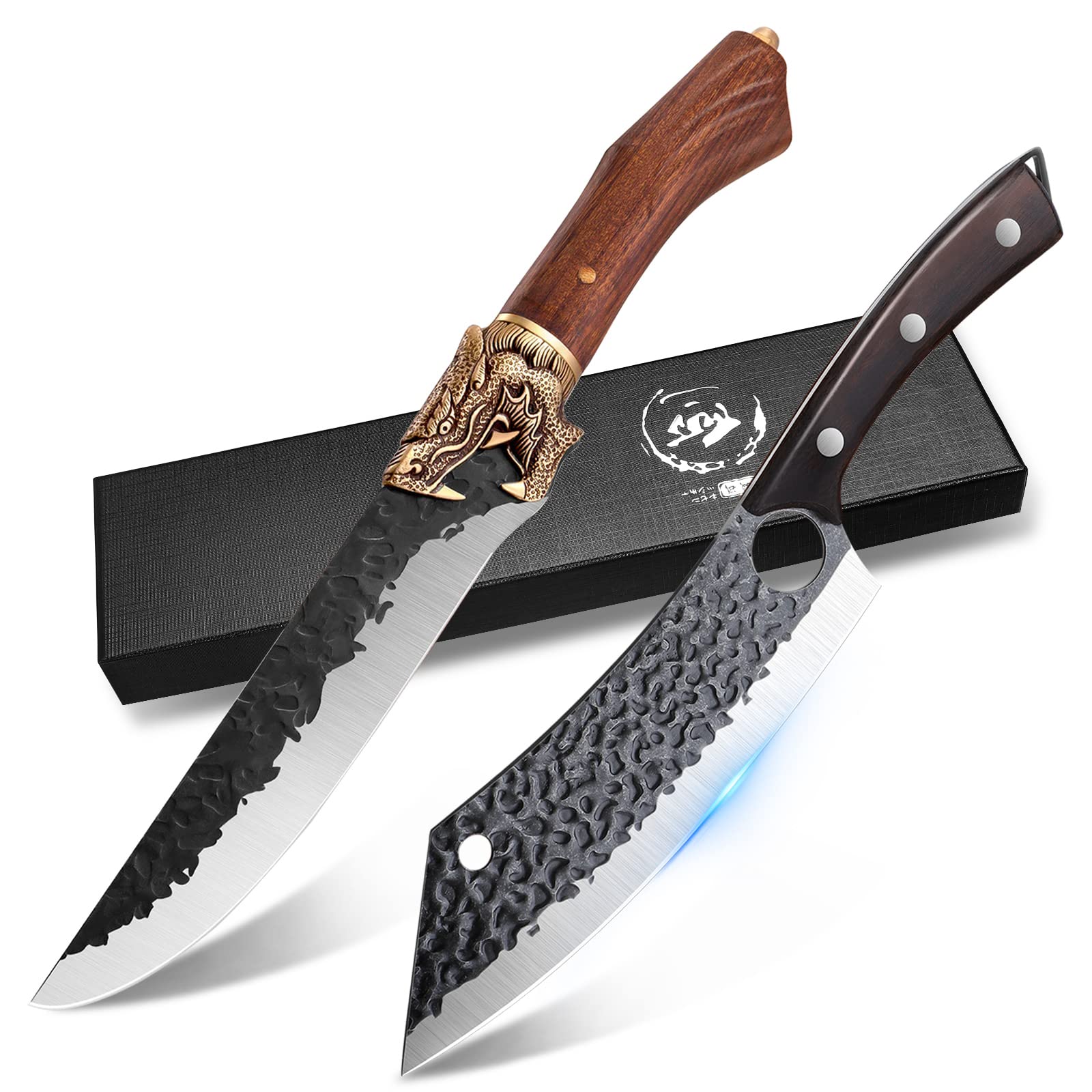 Purple Dragon 7 Inch Elegant Butcher Knife with Leather Bag with 8 Inch Japanese Meat Cleaver Ultra Sharp