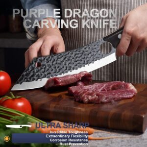 Purple Dragon 7 Inch Elegant Butcher Knife with Leather Bag with 8 Inch Japanese Meat Cleaver Ultra Sharp