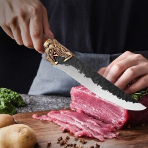 Purple Dragon 7 Inch Elegant Butcher Knife with Leather Bag with 8 Inch Japanese Meat Cleaver Ultra Sharp