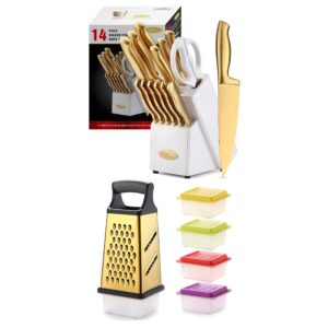 Marco Almond MA21 Golden Titanium Knives Block Set + KYA53 Titanium Box Grater Set