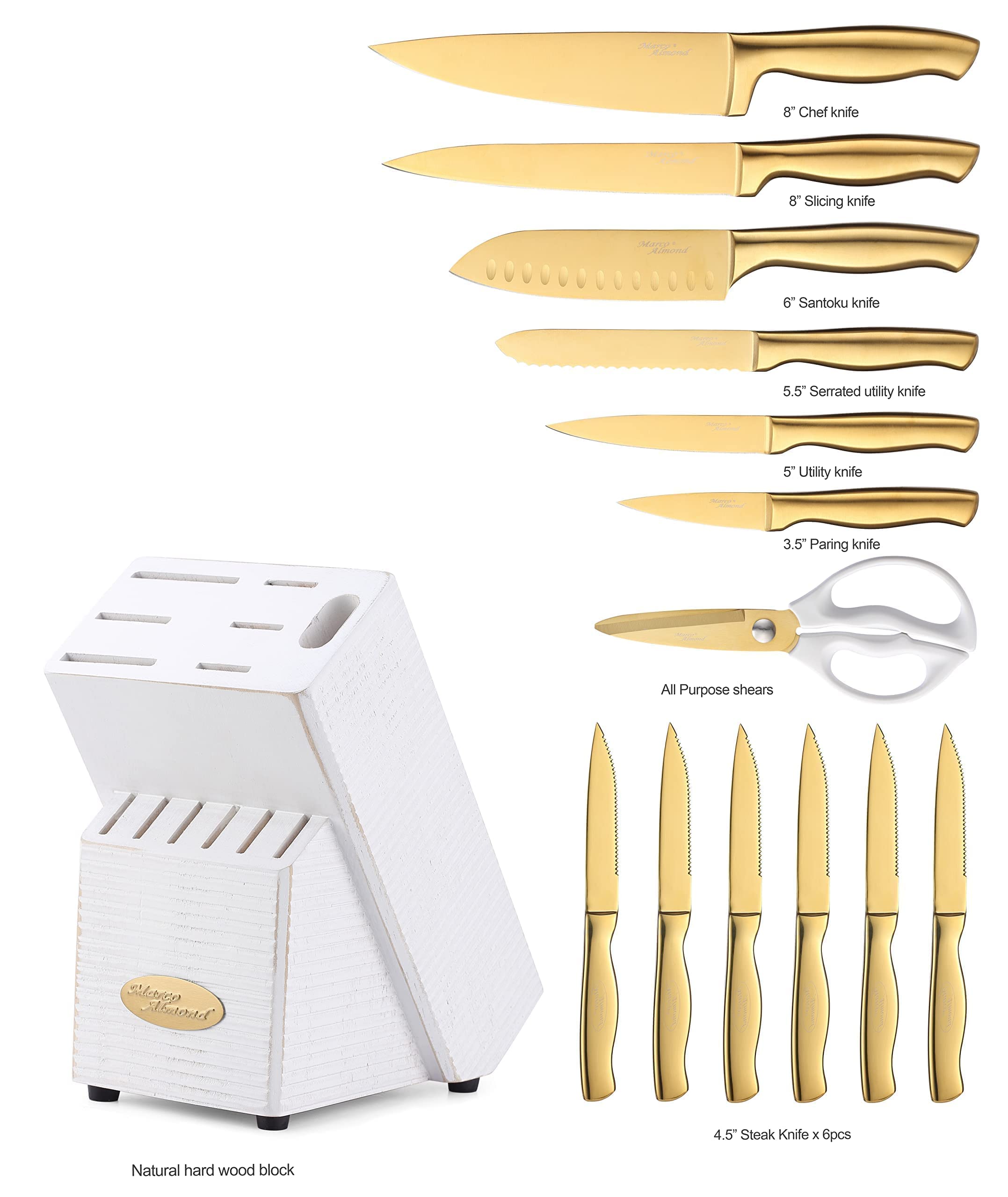 Marco Almond MA21 Golden Titanium Knives Block Set + KYA53 Titanium Box Grater Set