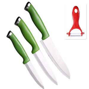 new ceramic knives with covers 4 pcs quality kitchen knife set with stain resistant 6 inch chef knife, 5 inch steak knife, 4 inch fruit knife, peeler (green)