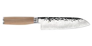 shun premier blonde santoku knife, 7 inch vg-max stainless steel blade with tsuchime finish and pakkawood handle, cutlery handcrafted in japan, silver