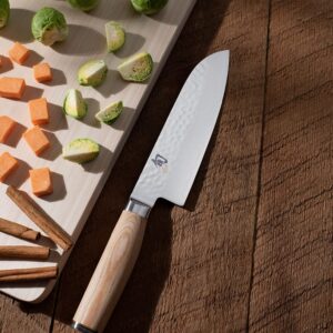 Shun Premier Blonde Santoku Knife, 7 inch VG-MAX Stainless Steel Blade with Tsuchime Finish and Pakkawood Handle, Cutlery Handcrafted in Japan, Silver