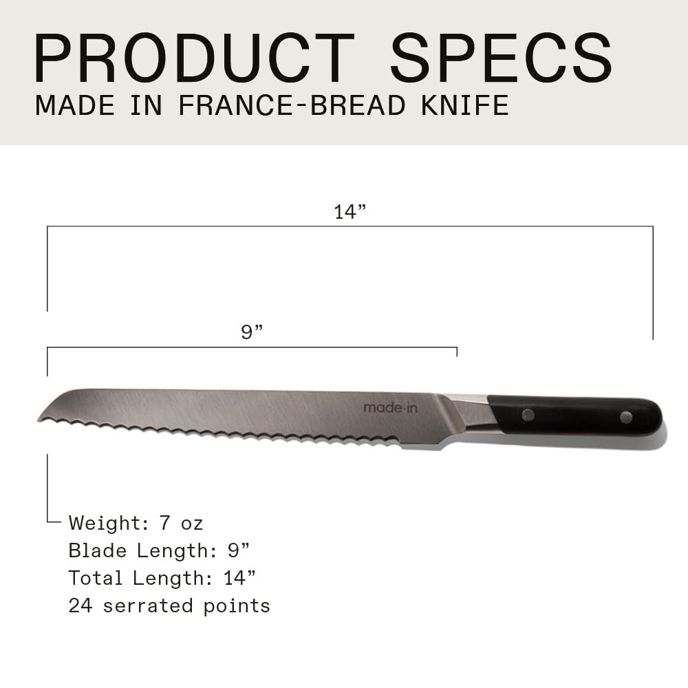 Made In Cookware - 9" Inch Bread Knife - Crafted in France - Full Tang With Truffle Black Handle