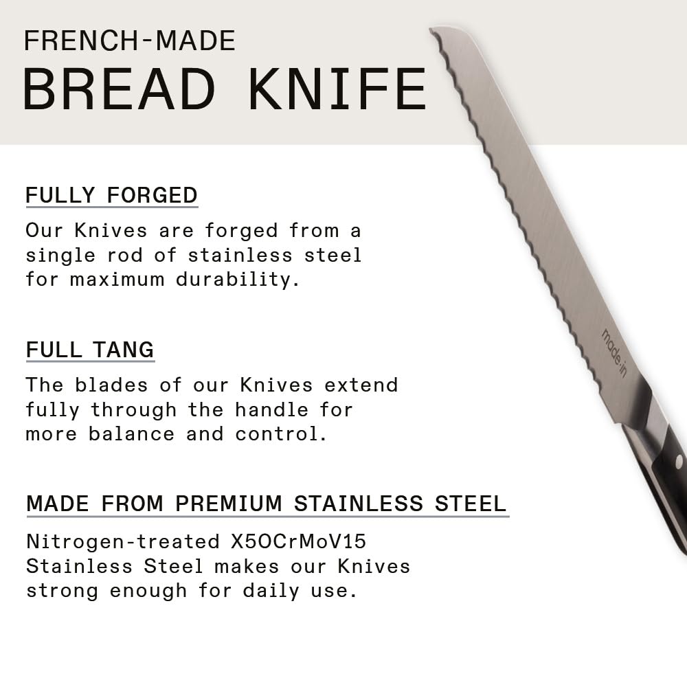 Made In Cookware - 9" Inch Bread Knife - Crafted in France - Full Tang With Truffle Black Handle