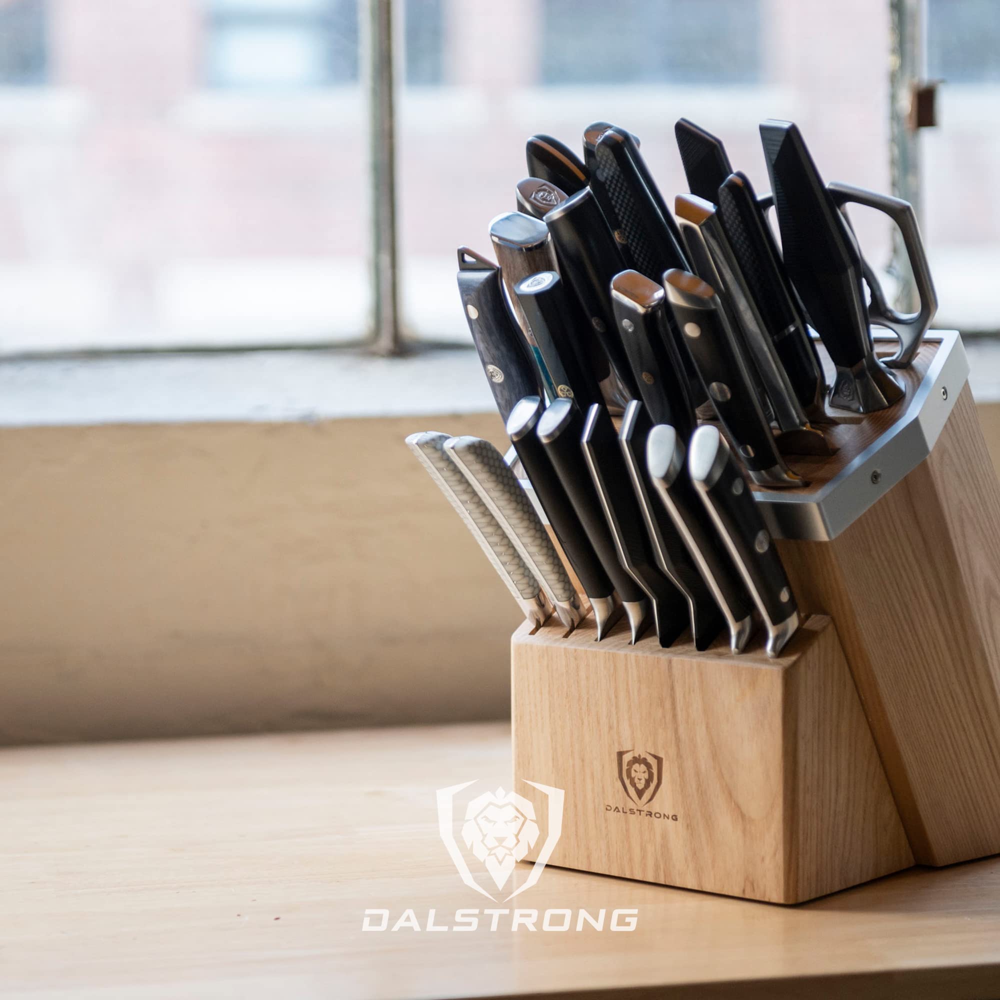 DALSTRONG Universal Knife Block - 23 Slots - Premium American Ash Wood - Aluminum Alloy Rim Kitchen Set - Lion Head Logo Badge - Premium Craftsmanship Knife Set - Angled For Ergonomics - Cleans Easily