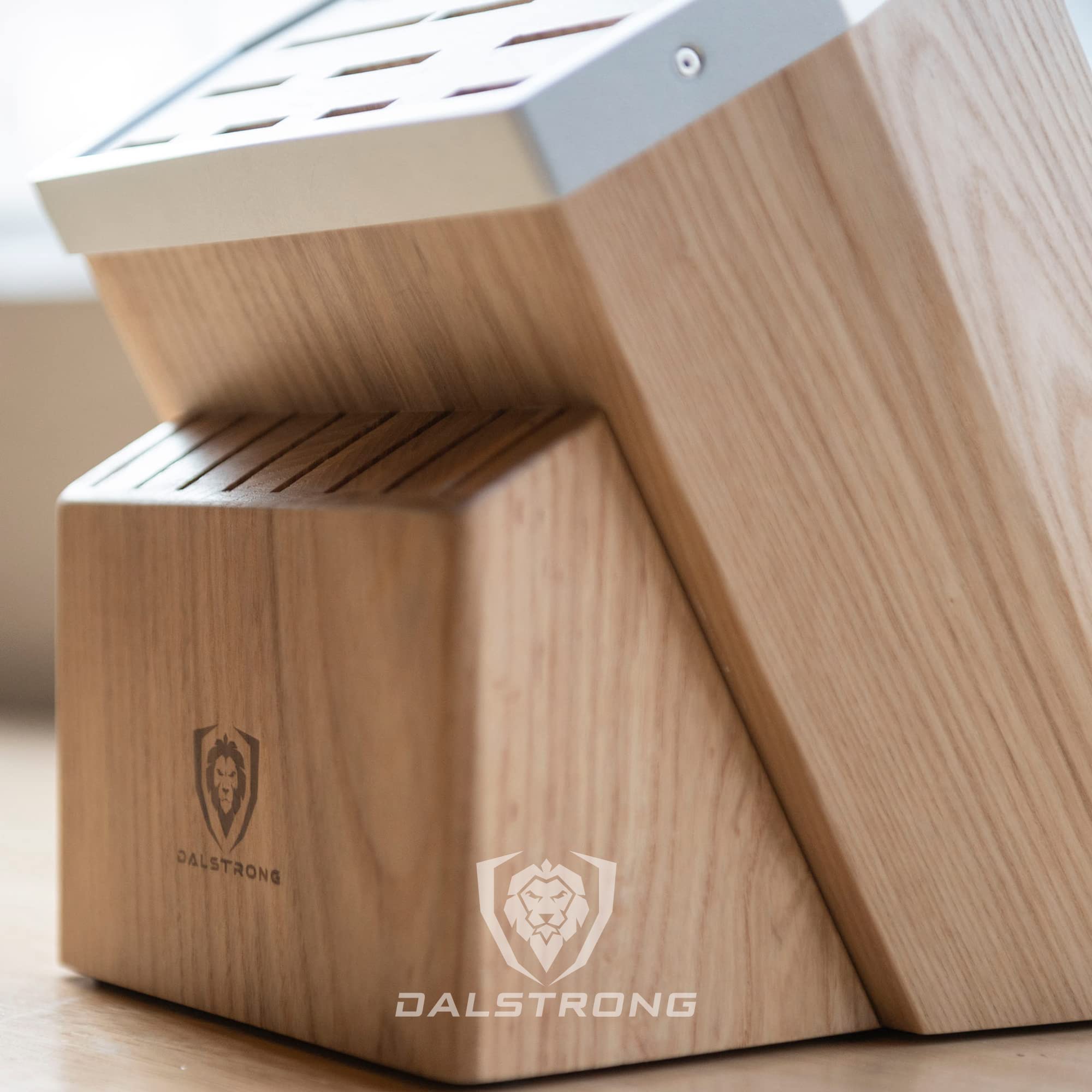 DALSTRONG Universal Knife Block - 23 Slots - Premium American Ash Wood - Aluminum Alloy Rim Kitchen Set - Lion Head Logo Badge - Premium Craftsmanship Knife Set - Angled For Ergonomics - Cleans Easily