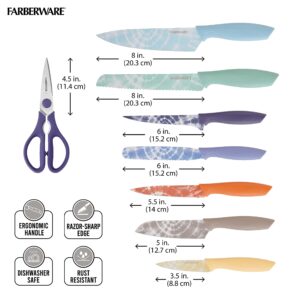 Farberware Tie Dye Pattern Knife Set with Shears and Blade Covers, 15-Piece, Multicolor