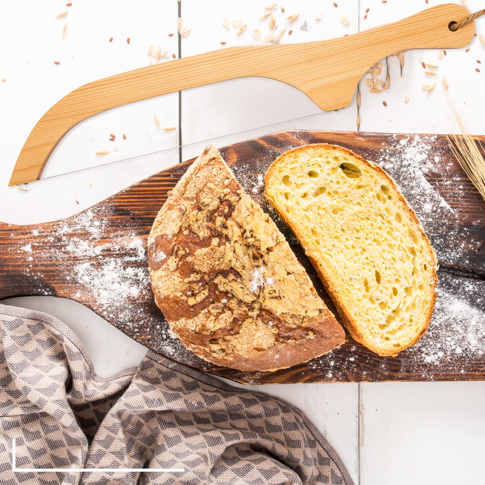 Wooden Bread Bow Knife 15.8 Inch Serrated Knife with Wooden Handle Bread Slicer Bread Knife for Homemade Bread Sourdough Bread Cutter with Linen Storage for Cutting Bagel