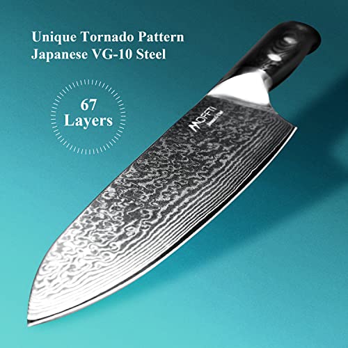 MOFFTI Damascus Chef Knife 8", Japanese VG-10 Stainless Steel Damascus Knife, Razor Sharp Kitchen Knife, Well-Balanced Japanese Knife, Aviation Material Handle, Gift Box Anti-rust Anti-dull Full Tang