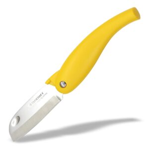 seki japan folding fruit knife, small peeling knife, 3.3-inch stainless steel blade with yellow plactic handle, for kitchen and outdoor