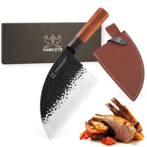 FAMCÜTE 6.5 inch Butcher Knife, 3 Layer 9CR18MOV Clad Steel w/octagon Handle Serbian Meat Cleaver Knife with Leather Knife Sheath