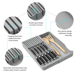 Knife Block Drawer Insert,Steak Knife Drawer Organizer,Knife Holder With Storage Tray, Kitchen Drawer Organizer for 11 Knives (Knife Not Included),Large Capacity,Saves Space,Gray