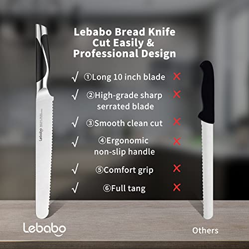 Lebabo 10 Inch Serrated Bread Knife, Professional Cake Knife, German High-Carbon Steel Bread Cutters, Wide Wavy Edge Bagel Knives, Ergonomic Handle with Wooden Gift Box