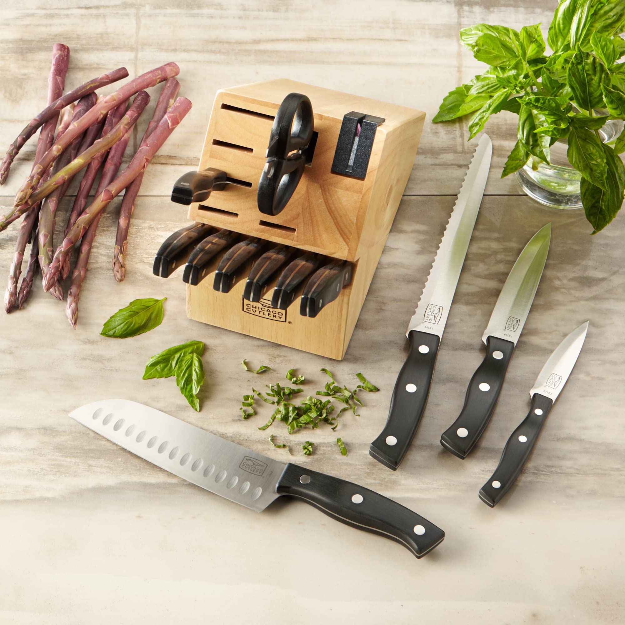 Chicago Cutlery Ellsworth (13-PC) Kitchen Knife Block Set With Wooden Block & Built-In Sharpener, Ergonomic Handles and Stainless Steel Professional Chef Knife Set & Scissors With Bottle Opener